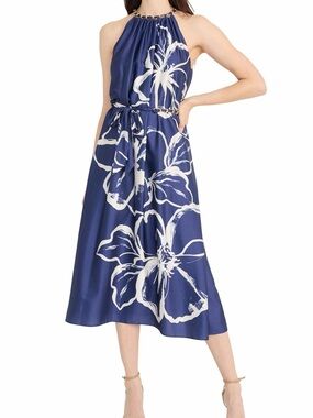 NWT Maggy London Navy and White Floral Satin Halter Midi Dress